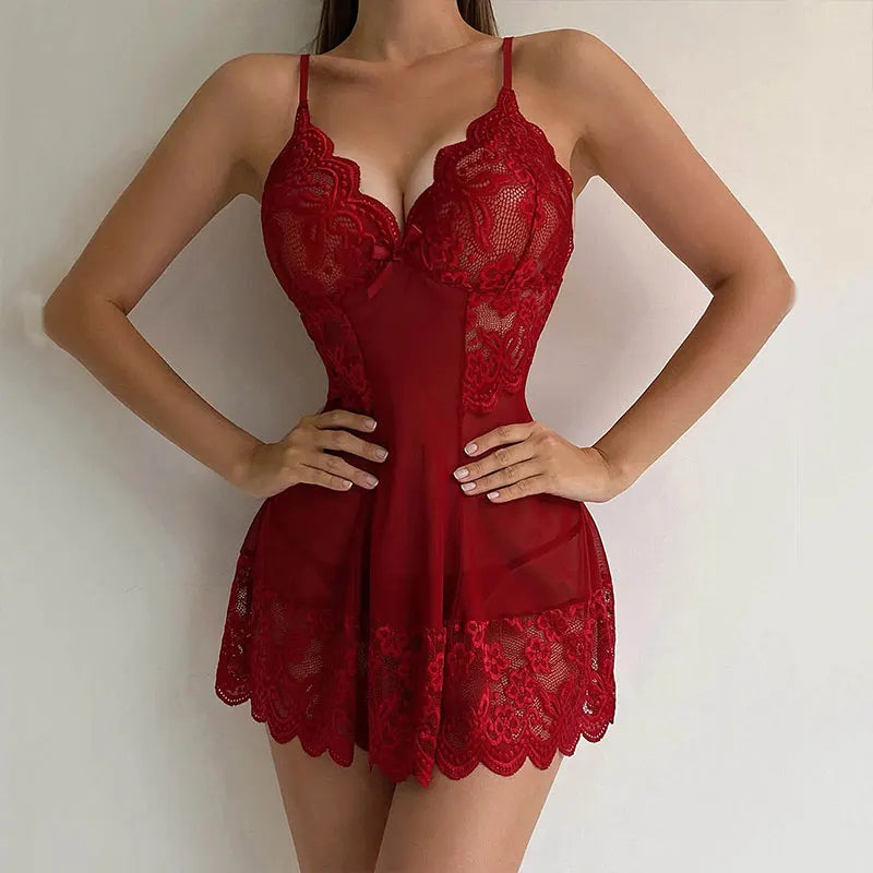 Nuisette dentelle string rouge