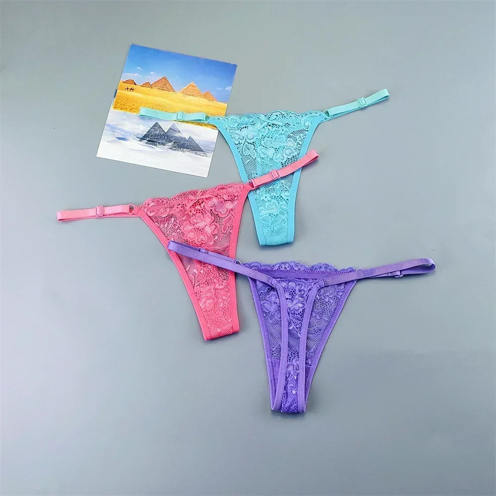 String tanga transparent bleu rose violet