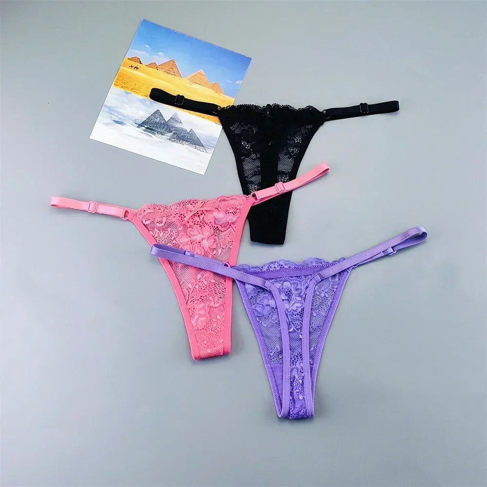 String tanga transparent noir rose violet